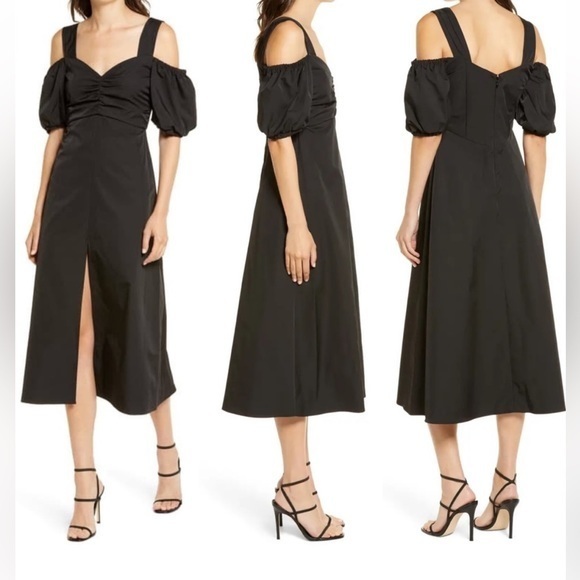 TOPSHOP Black Taffeta Cold Shoulder Bardot Midi Dress - Picture 3 of 12